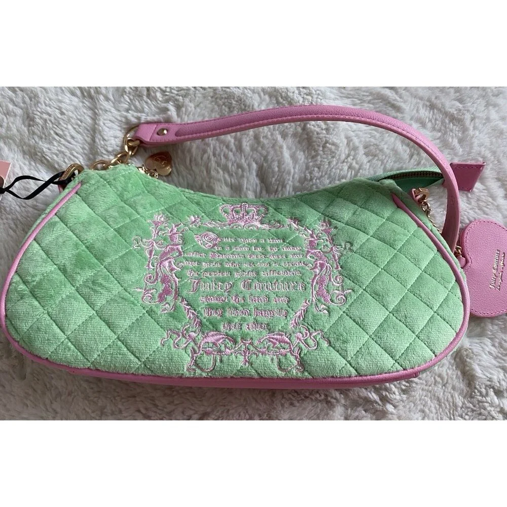 Juicy Couture Juicy Tale Shoulder Bag Retro Green Pink Quilted Bag Purse NEW - Picture 12 of 16